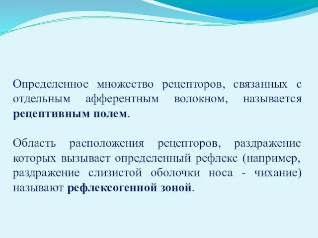 Определенное множество рецепторов, связанных с отдельным афферентным волокном, называется рецептивным полем.