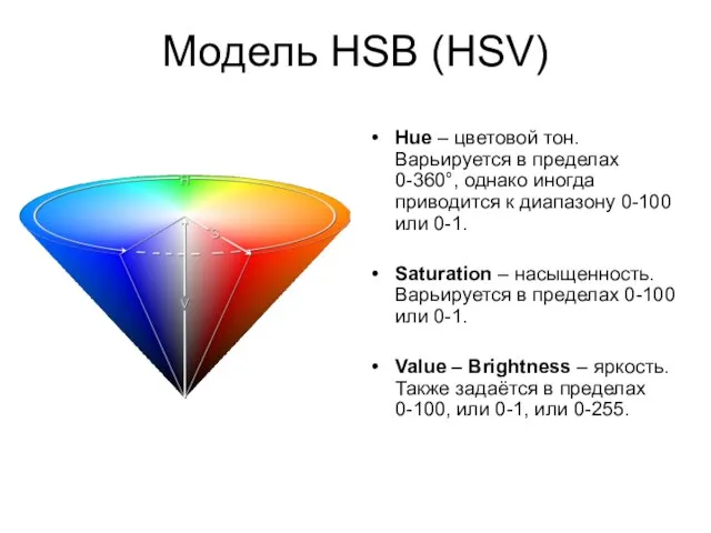 Модель HSB (HSV) Hue – цветовой тон. Варьируется в пределах 0-360°,