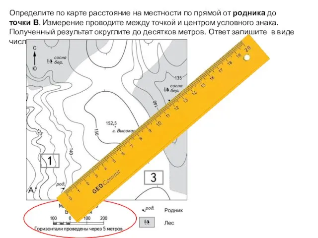 Определите по карте расстояние на местности по прямой от родника до