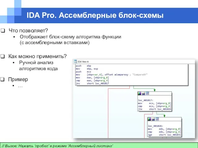 IDA Pro. Ассемблерные блок-схемы // Вызов: Нажать ‘пробел’ в режиме ‘Ассемблерный