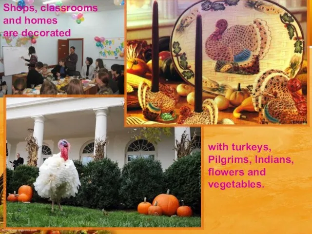Shops, classrooms and homes are decorated with turkeys, Pilgrims, Indians, flowers and vegetables.