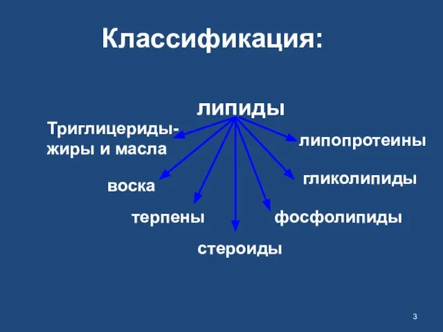 Классификация: липиды Триглицериды- жиры и масла воска терпены стероиды фосфолипиды гликолипиды липопротеины