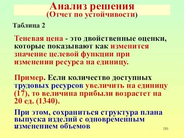 * Анализ решения (Отчет по устойчивости) Таблица 2 Теневая цена -