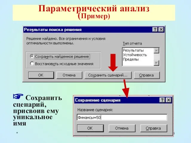 * Параметрический анализ (Пример) ☞ Сохранить сценарий, присвоив ему уникальное имя