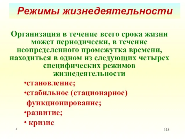 * Режимы жизнедеятельности Организация в течение всего срока жизни может периодически,