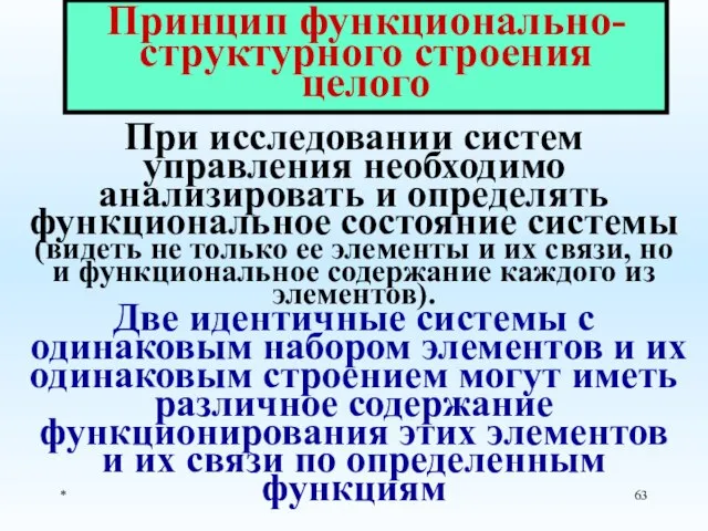 * Принцип функционально-структурного строения целого При исследовании систем управления необходимо анализировать