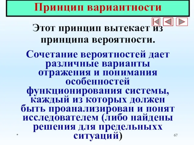 * Принцип вариантности Этот принцип вытекает из принципа вероятности. Сочетание вероятностей