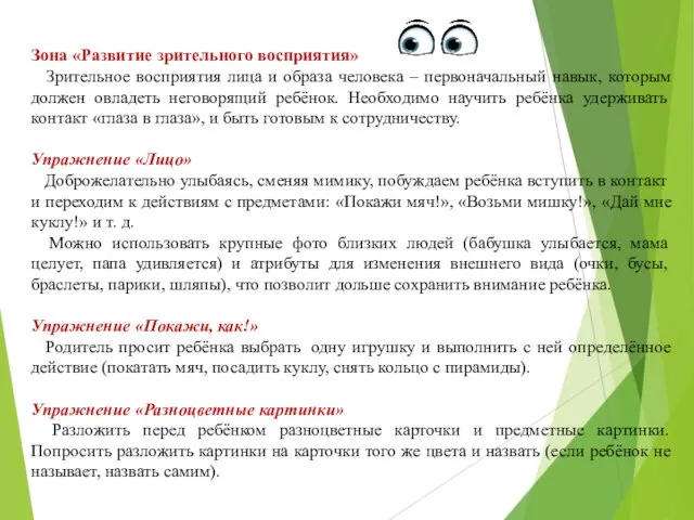 Зона «Развитие зрительного восприятия» Зрительное восприятия лица и образа человека –