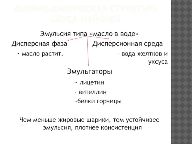 ФИЗИКО-ХИМИЧЕСКАЯ СТРУКТУРА СОУСА МАЙОНЕЗ Эмульсия типа «масло в воде» Дисперсная фаза