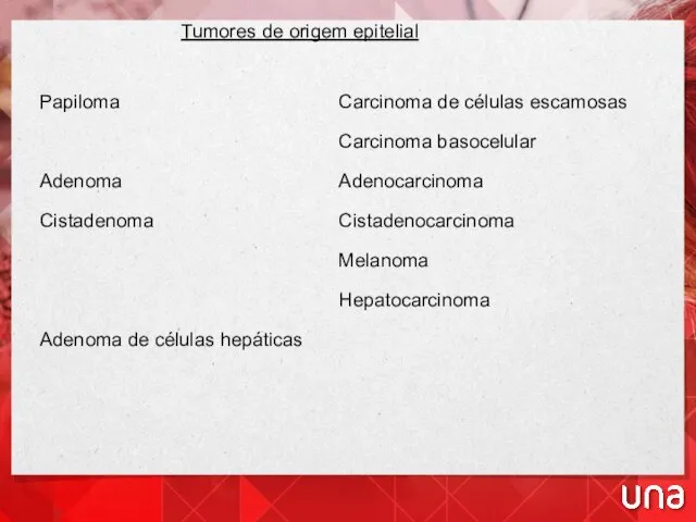 Papiloma Adenoma Cistadenoma Adenoma de células hepáticas Tumores de origem epitelial