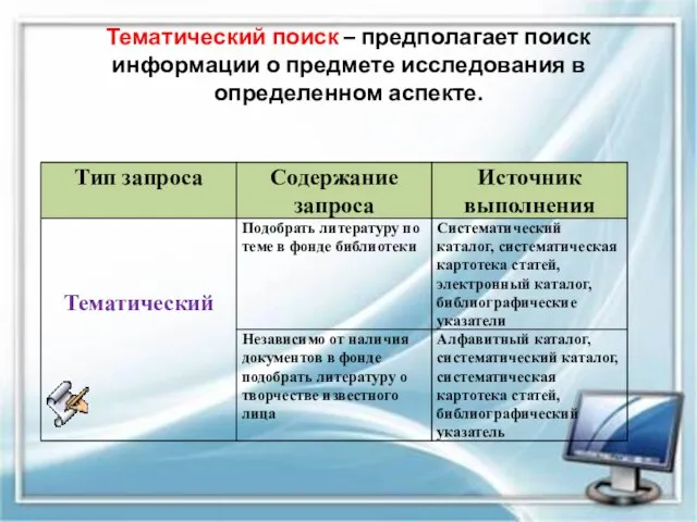 Тематический поиск – предполагает поиск информации о предмете исследования в определенном аспекте.