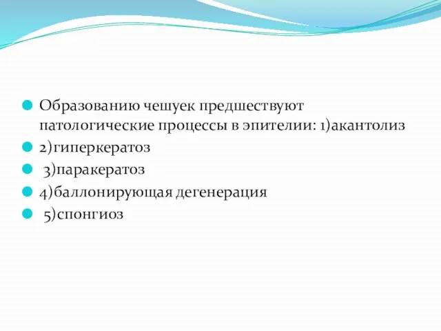 Образованию чешуек предшествуют патологические процессы в эпителии: 1)акантолиз 2)гиперкератоз 3)паракератоз 4)баллонирующая дегенерация 5)спонгиоз