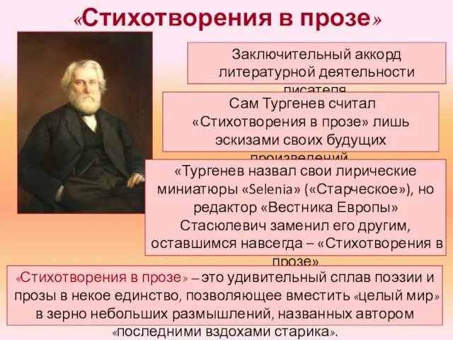 «Стихотворения в прозе» Заключительный аккорд литературной деятельности писателя. Сам Тургенев считал