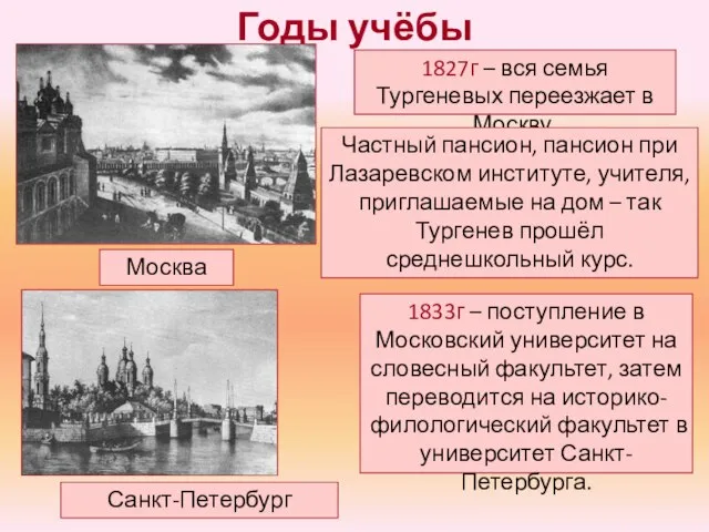 Годы учёбы 1827г – вся семья Тургеневых переезжает в Москву. Частный