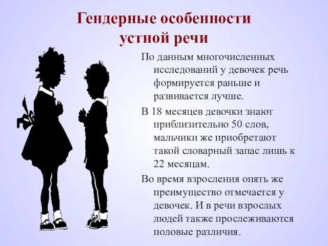 Гендерные особенности устной речи По данным многочисленных исследований у девочек речь