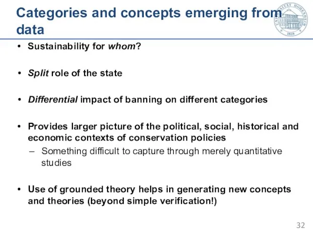 Categories and concepts emerging from data Sustainability for whom? Split role