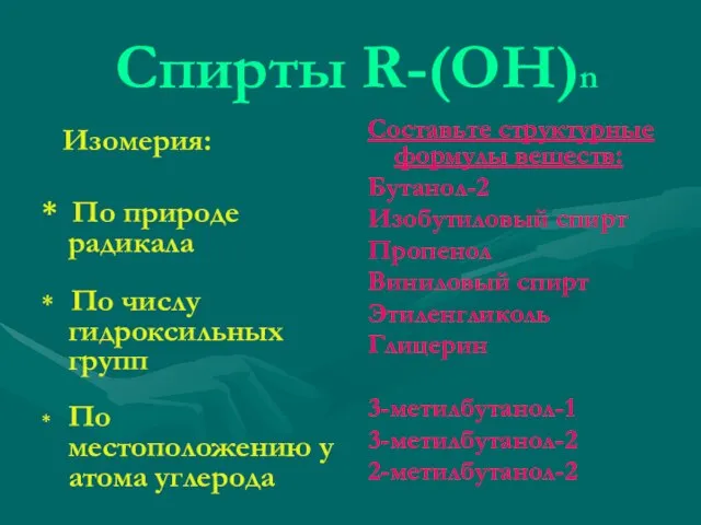 Спирты R-(OH)n Изомерия: * По природе радикала * По числу гидроксильных