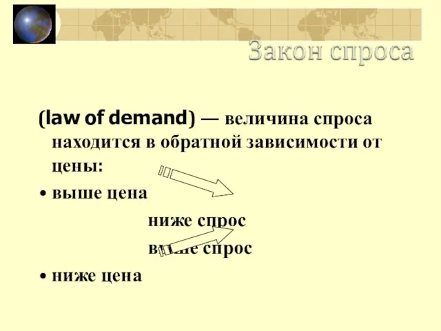 (law of demand) — величина спроса находится в обратной зависимости от