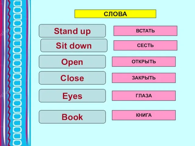 Stand up Sit down Open Close CЛОВА ВСТАТЬ СЕСТЬ ОТКРЫТЬ ЗАКРЫТЬ Eyes ГЛАЗА Book КНИГА