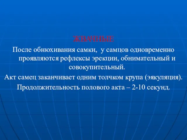 ЖВАЧНЫЕ После обнюхивания самки, у самцов одновременно проявляются рефлексы эрекции, обнимательный