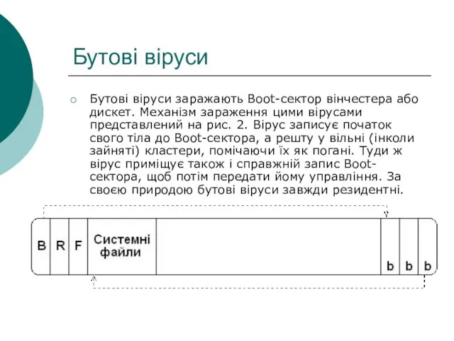 Бутові віруси Бутові віруси заражають Boot-сектор вінчестера або дискет. Механізм зараження