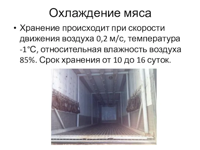 Охлаждение мяса Хранение происходит при скорости движения воздуха 0,2 м/с, температура