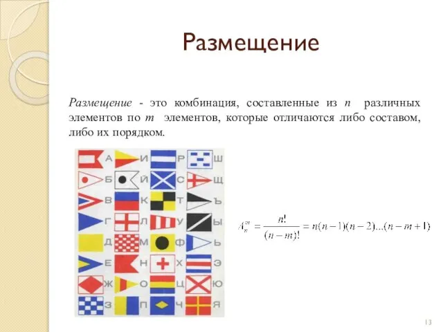 Размещение Размещение - это комбинация, составленные из n различных элементов по