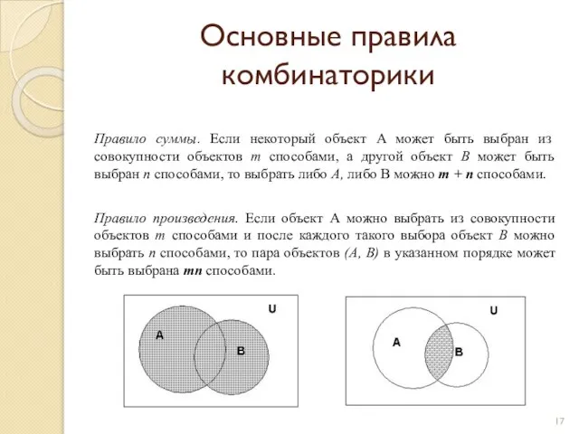 Основные правила комбинаторики Правило суммы. Если некоторый объект A может быть