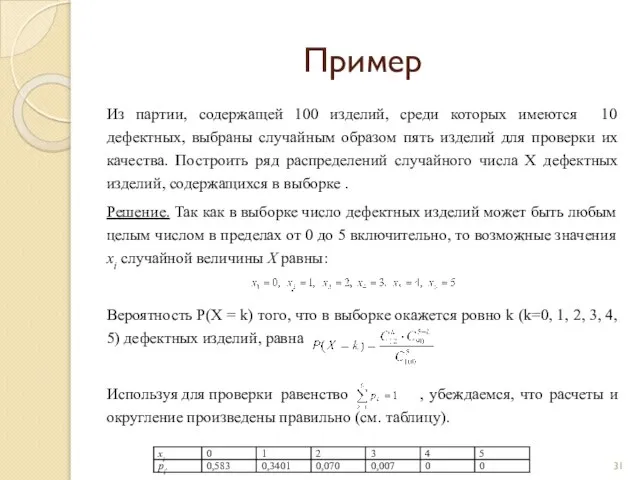 Пример Из партии, содержащей 100 изделий, среди которых имеются 10 дефектных,