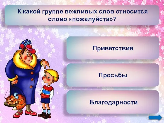 К какой группе вежливых слов относится слово «пожалуйста»? Приветствия Просьбы Благодарности