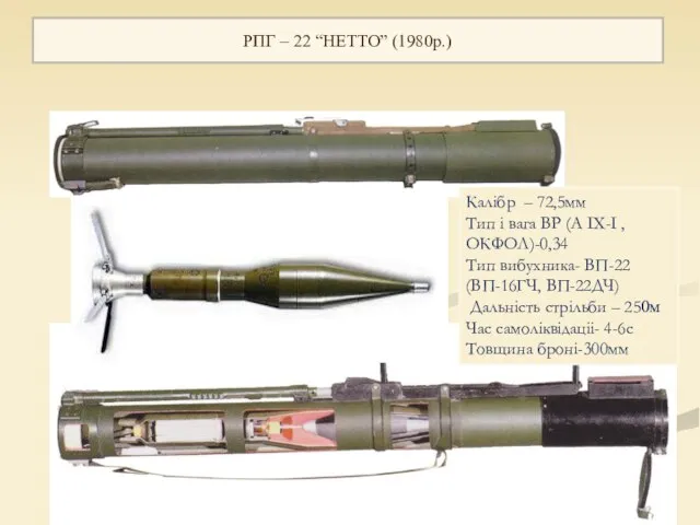 РПГ – 22 “НЕТТО” (1980р.) Калiбр – 72,5мм Тип i вага