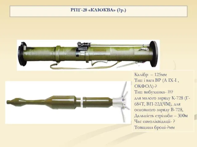 РПГ-28 «КЛЮКВА» (?р.) Калiбр – 125мм Тип i вага ВР (А