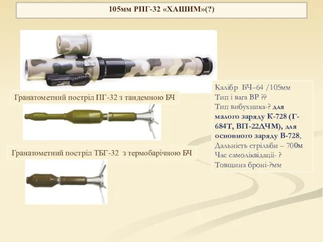 105мм РПГ-32 «ХАШИМ»(?) Калiбр БЧ–64 /105мм Тип i вага ВР ??