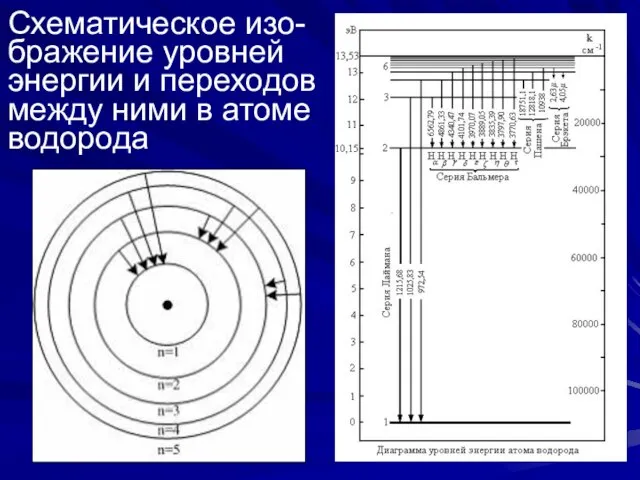 Схематическое изо- бражение уровней энергии и переходов между ними в атоме водорода