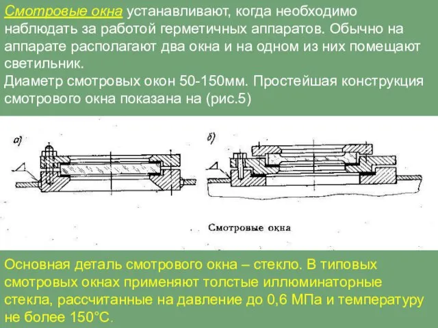 Смотровые окна устанавливают, когда необходимо наблюдать за работой герметичных аппаратов. Обычно