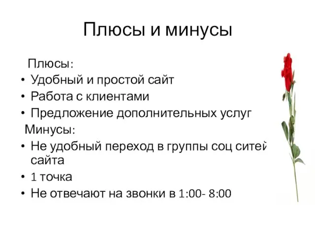 Плюсы и минусы Плюсы: Удобный и простой сайт Работа с клиентами