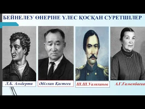 БЕЙНЕЛЕУ ӨНЕРІНЕ ҮЛЕС ҚОСҚАН СУРЕТШІЛЕР Ш.Ш.Уалиханов Әбілхан Қастеев А.Ғ.Ғалымбаева Л.Б. Альберти