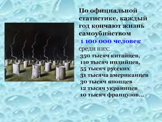 По официальной статистике, каждый год кончают жизнь самоубийством 1 100 000