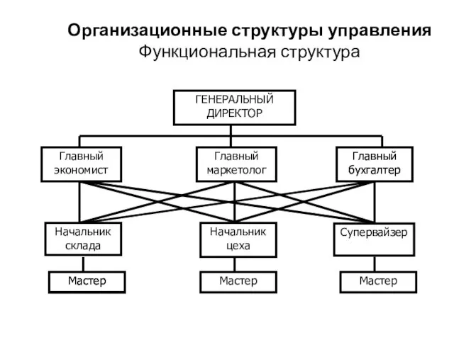 Организационные структуры управления Функциональная структура ГЕНЕРАЛЬНЫЙ ДИРЕКТОР Начальник склада Начальник цеха