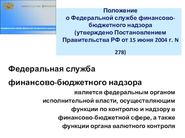 Федеральная служба финансово-бюджетного надзора является федеральным органом исполнительной власти, осуществляющим функции