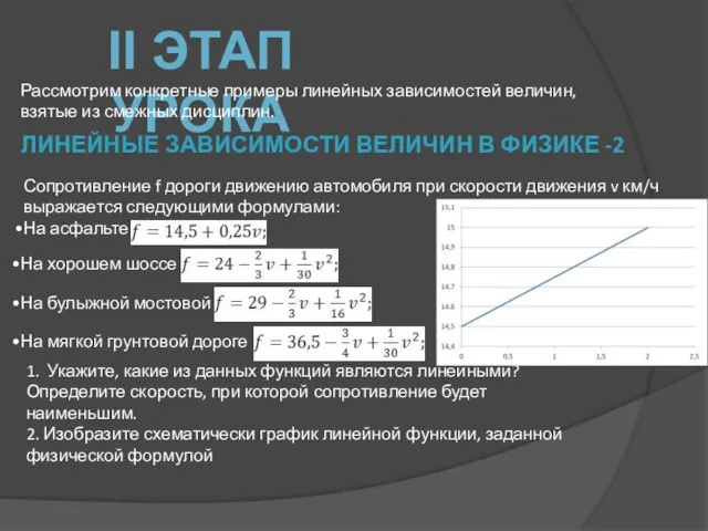 II ЭТАП УРОКА Рассмотрим конкретные примеры линейных зависимостей величин, взятые из