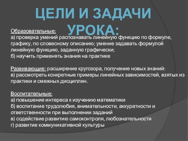 Образовательные: а) проверка умений распознавать линейную функцию по формуле, графику, по