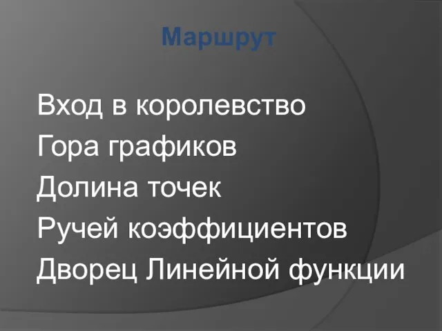 Маршрут Вход в королевство Гора графиков Долина точек Ручей коэффициентов Дворец Линейной функции