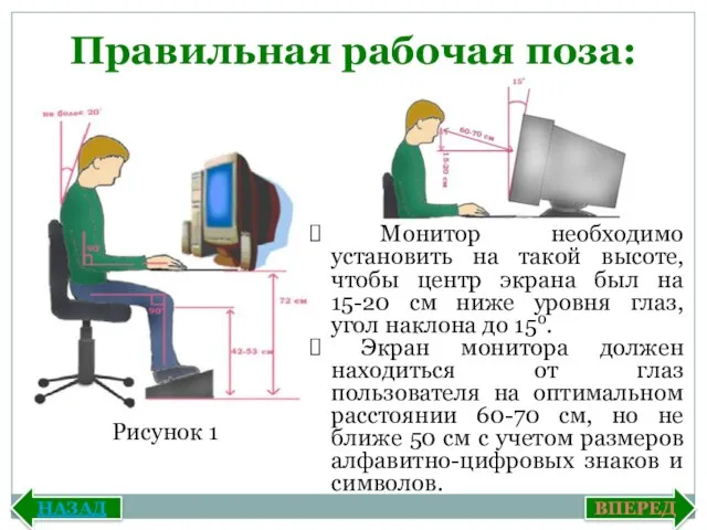 Правильная рабочая поза: Монитор необходимо установить на такой высоте, чтобы центр