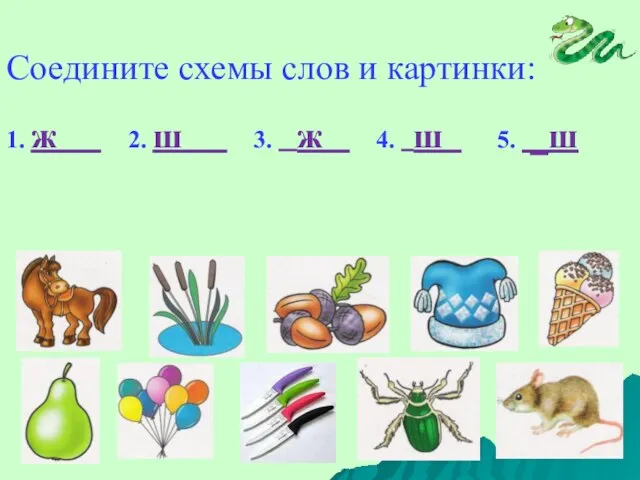 Соедините схемы слов и картинки: 1. ж 2. ш 3. ж 4. ш 5. _ш