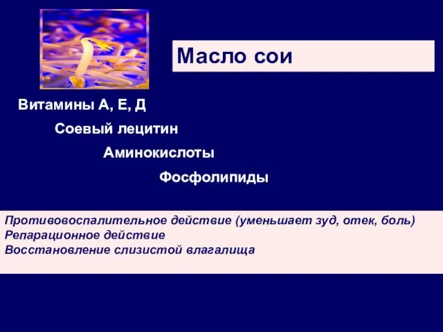 Масло сои Витамины А, Е, Д Соевый лецитин Аминокислоты Фосфолипиды Противовоспалительное