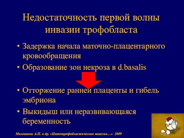 Недостаточность первой волны инвазии трофобласта Задержка начала маточно-плацентарного кровообращения Образование зон