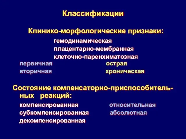 Классификации Клинико-морфологические признаки: гемодинамическая плацентарно-мембранная клеточно-паренхиматозная первичная острая вторичная хроническая Состояние