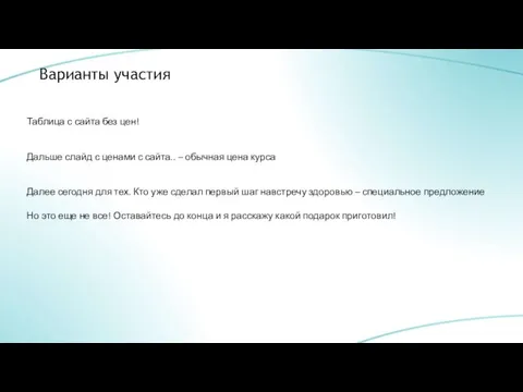 Варианты участия Таблица с сайта без цен! Дальше слайд с ценами