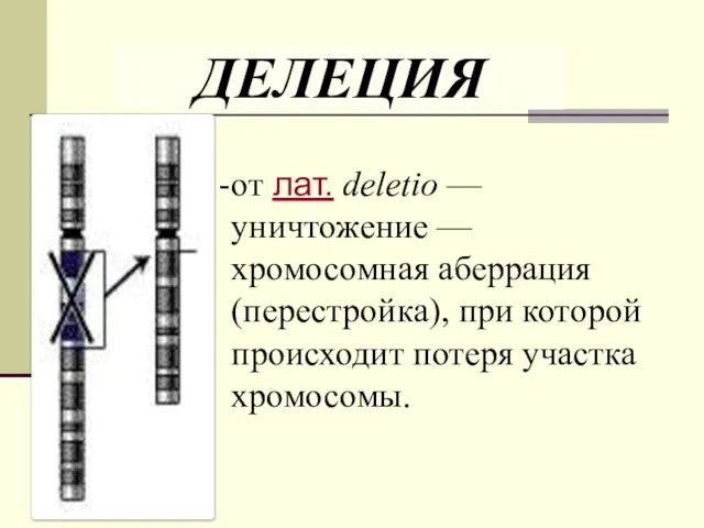 ДЕЛЕЦИЯ от лат. deletio — уничтожение — хромосомная аберрация (перестройка), при которой происходит потеря участка хромосомы.